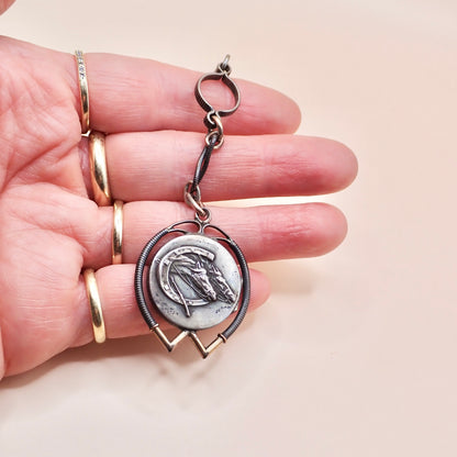 Antique Victorian .800 Silver & 12K Rose Gold Niello Equestrian "Short Drop" Fob Pendant MBP9