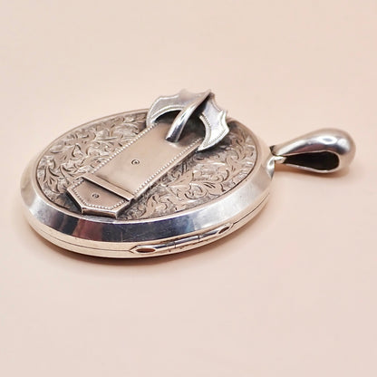 Antique 1879 Sterling Silver Victorian "Belt Buckle& Snowdrop" Locket Pendant