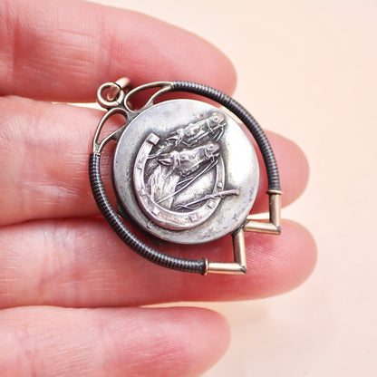 Antique Victorian .800 Silver & 12K Rose Gold Niello Equestrian "Short Drop" Fob Pendant MBP9