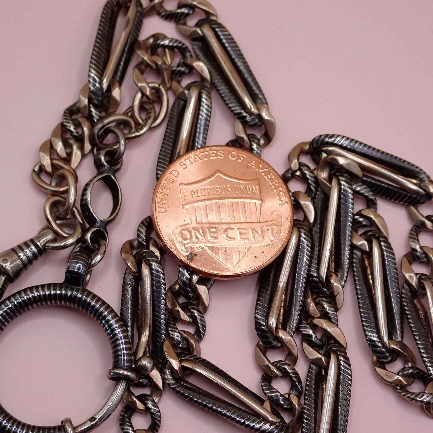 Antique Victorian 800 Silver Niello & Rose Gold Vermeil Pocket Watch Chain Necklace MB75