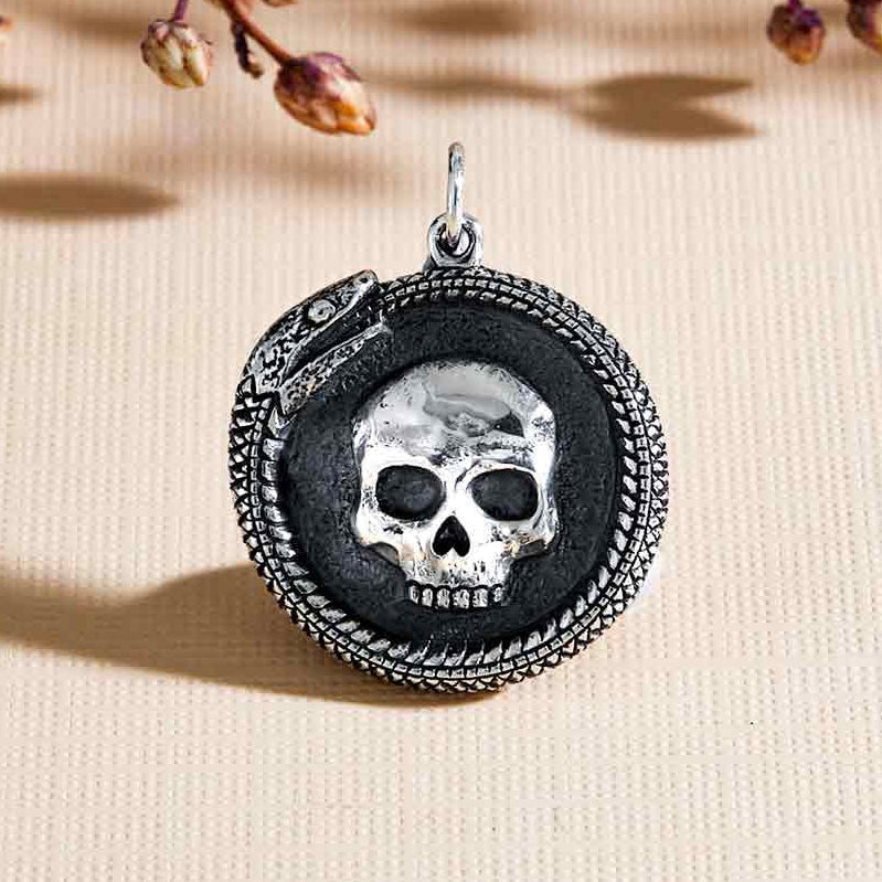 Solid 925 Sterling Silver Ouroboros Snake with Skull Pendant, 27x21mm