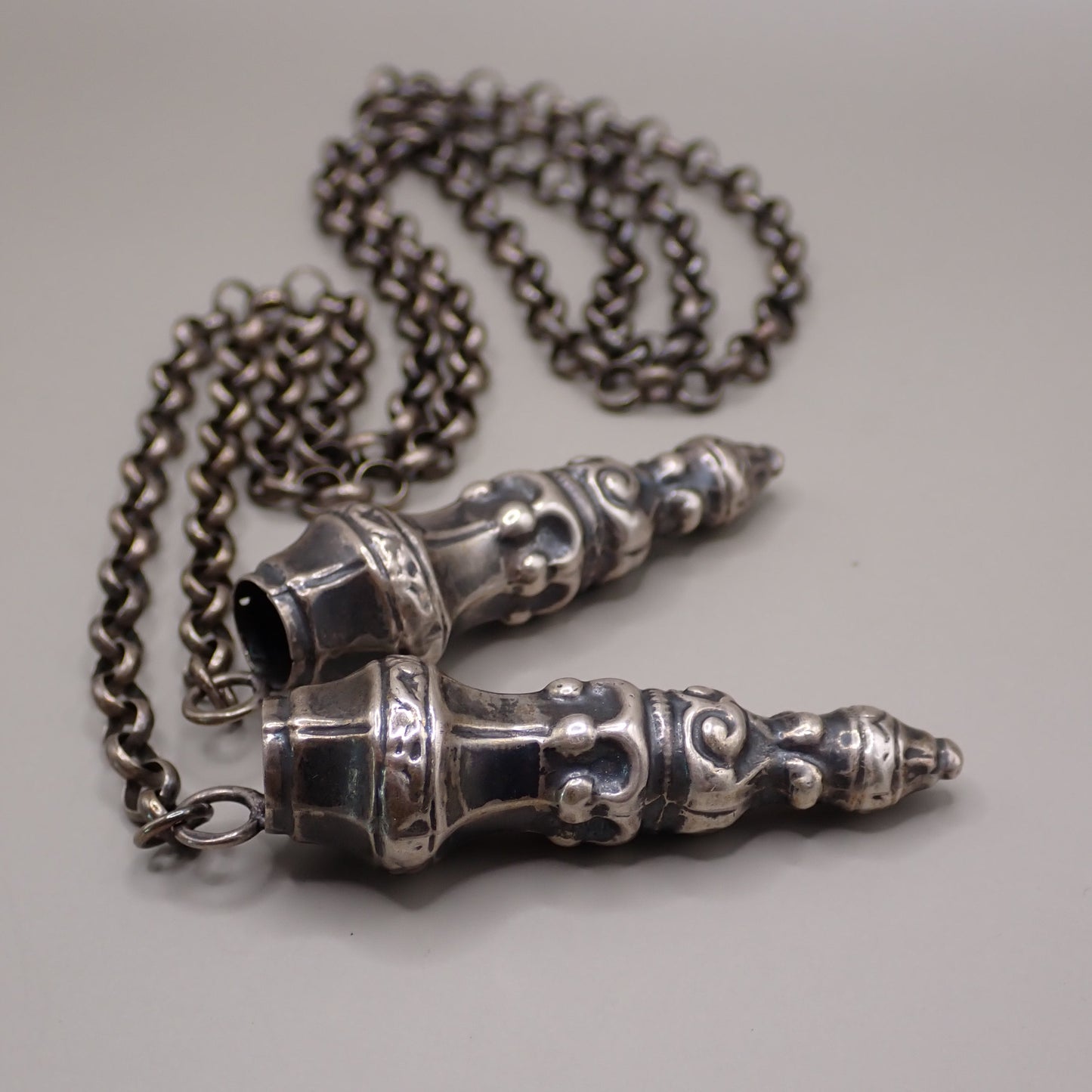 Antique Dutch 835 Silver Jasseron Chain with Ornate Needle Cap Pendants
