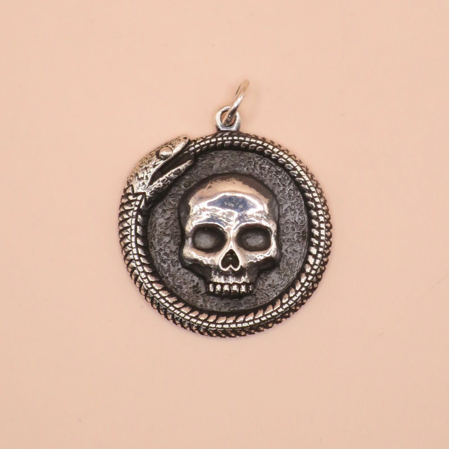 Solid 925 Sterling Silver Ouroboros Snake with Skull Pendant, 27x21mm
