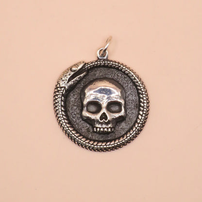 Solid 925 Sterling Silver Ouroboros Snake with Skull Pendant, 27x21mm