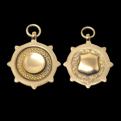 1924 Vintage 2 Sided Engraved Gold Cartouche Shield Medal Watch Fob Pendant