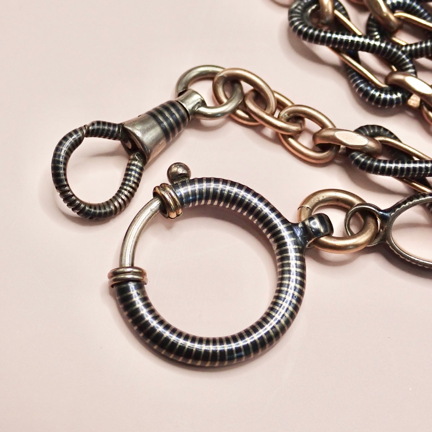 Antique Victorian 800 Silver Niello & 12k Rose Gold Vermeil Pocket Wactch Chain, 18-1/8”inches MBP1
