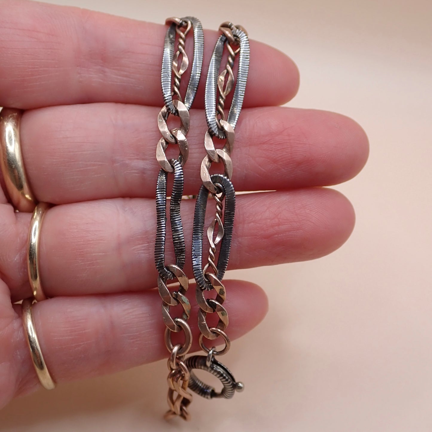Antique Victorian Niello & 9k Rose Gold "Twisted Wire" Trombone Chain MB85