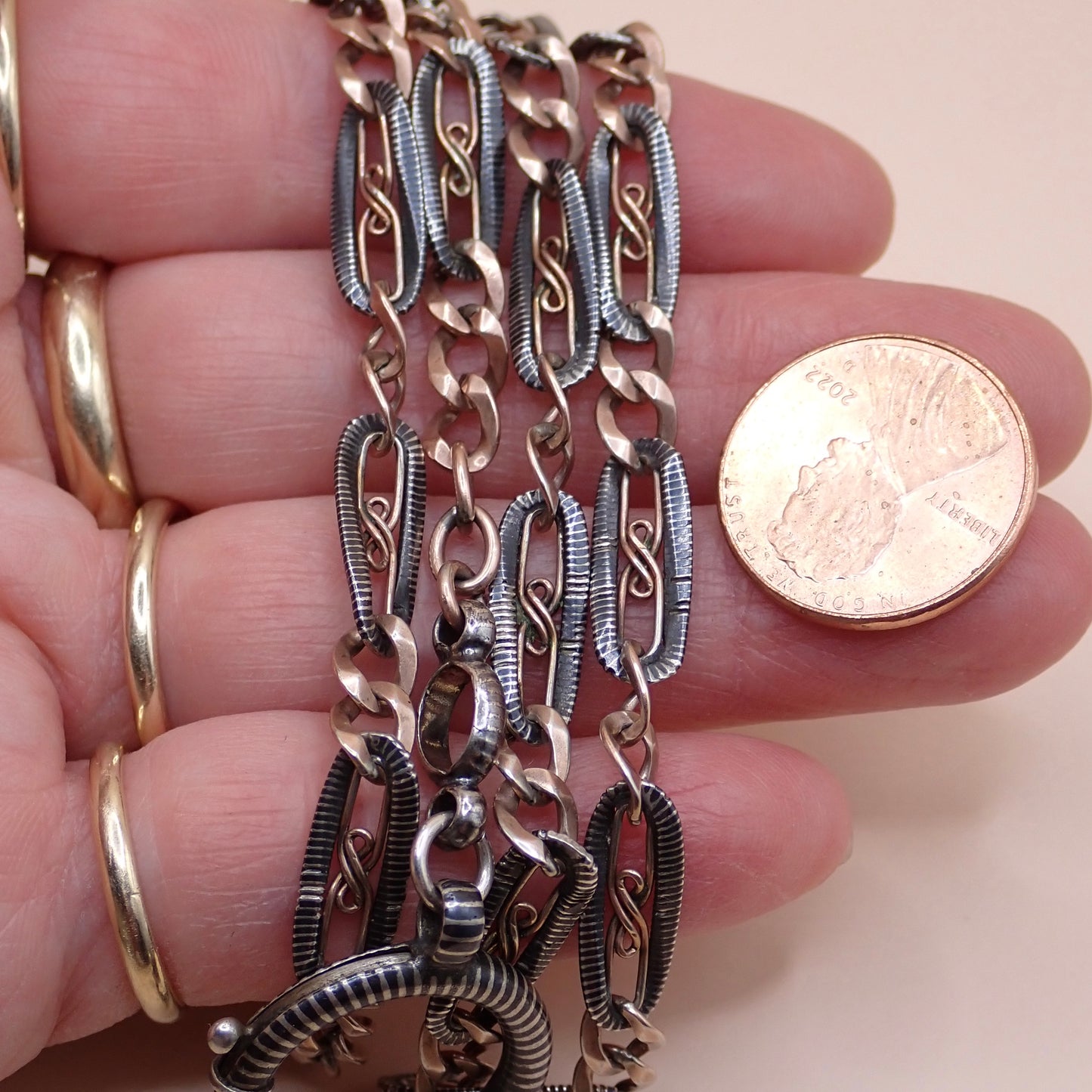 Antique Victorian "S-Scroll" Niello & 12k Rose Gold Chain Necklace MB82