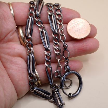 Antique Victorian 800 Silver Niello & Rose Gold Vermeil Pocket Watch Chain Necklace MB75