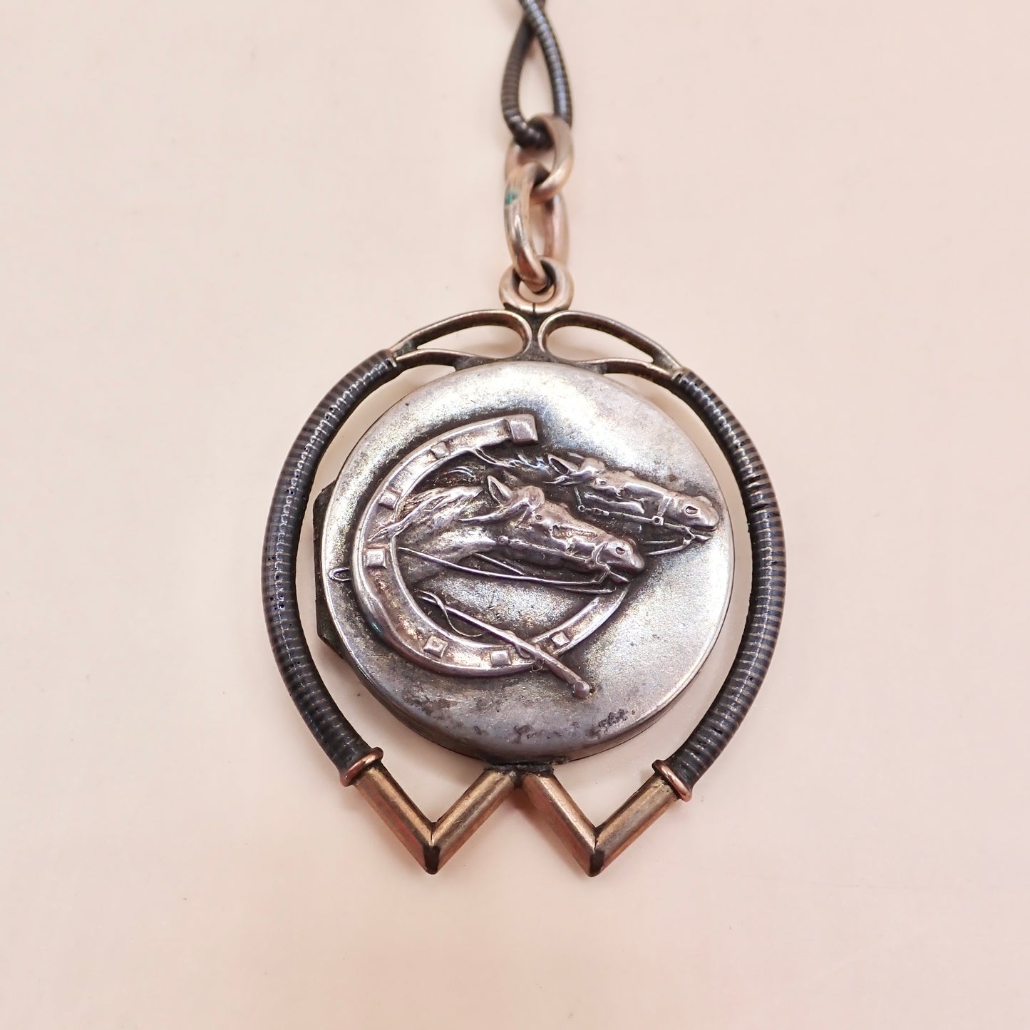Antique Victorian .800 Silver & 12K Rose Gold Niello Equestrian "Short Drop" Fob Pendant MBP9