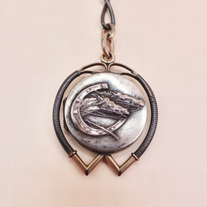Antique Victorian .800 Silver & 12K Rose Gold Niello Equestrian "Short Drop" Fob Pendant MBP9
