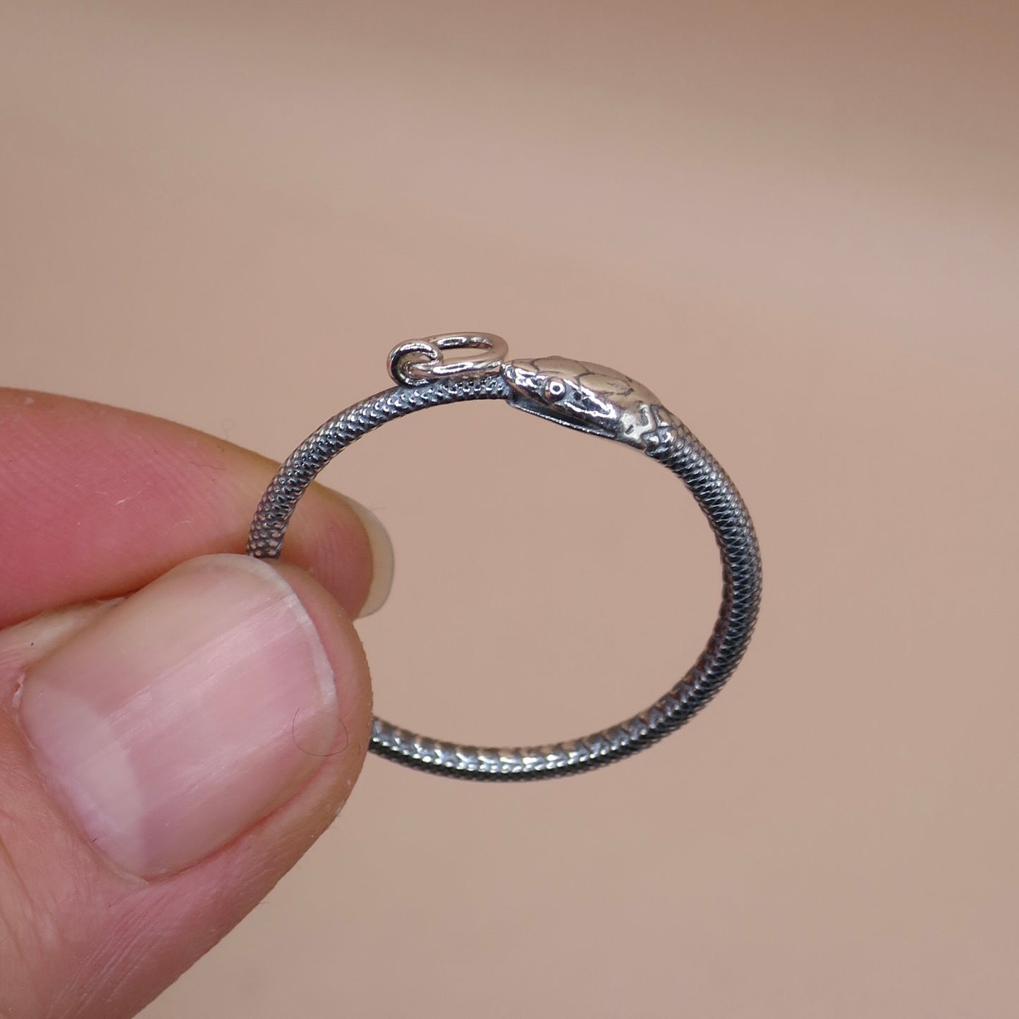 Large Solid 925 Sterling Silver Ouroboros Snake Serpent Ring Charm Necklace