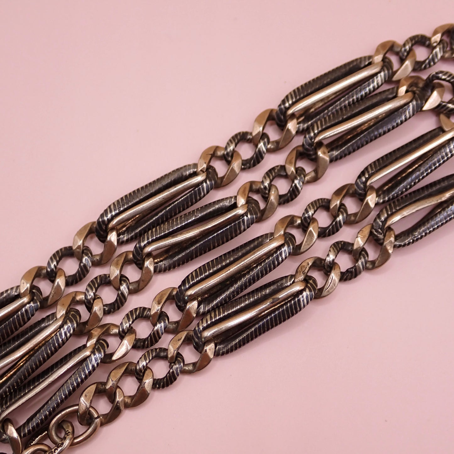 Antique Victorian 800 Silver Niello & Rose Gold Vermeil Pocket Watch Chain Necklace MB75