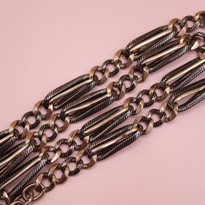 Antique Victorian 800 Silver Niello & Rose Gold Vermeil Pocket Watch Chain Necklace MB75