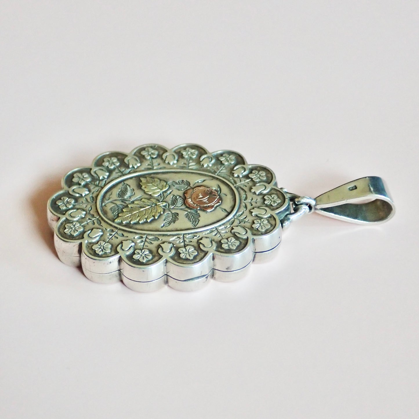 1881 Antique Victorian Birmingham Tricolor Sterling Silver Scalloped Flower Locket Pendant