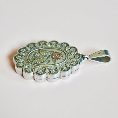 1881 Antique Victorian Birmingham Tricolor Sterling Silver Scalloped Flower Locket Pendant