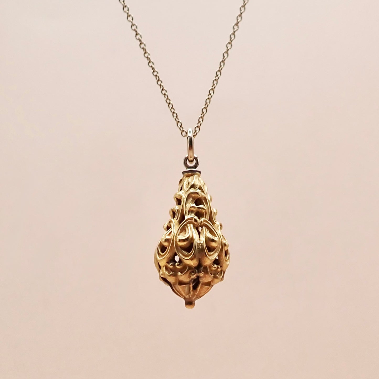 Mid-Century Solid 14K Yellow Gold Victorian Revival Filigree Lantern Cage Pendant