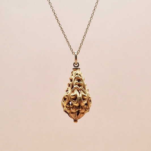Mid-Century Solid 14K Yellow Gold Victorian Revival Filigree Lantern Cage Pendant