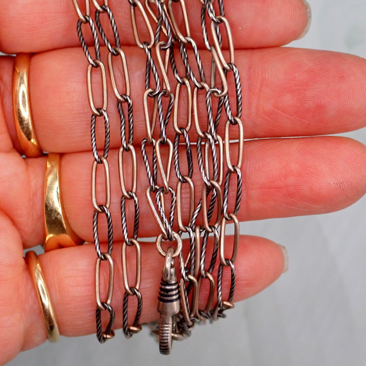 Antique Victorian Niello & Rose Gold Vermeil Long Guard Chain Necklace, 57.5" inches, 20.2g MB101