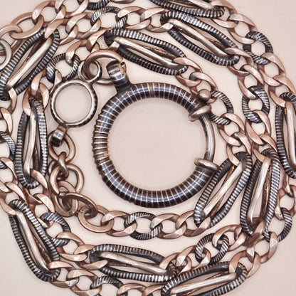 Antique Victorian Niello Silver & 9k Rose Gold Vermeil Pocket Watch Chain Necklace MB72