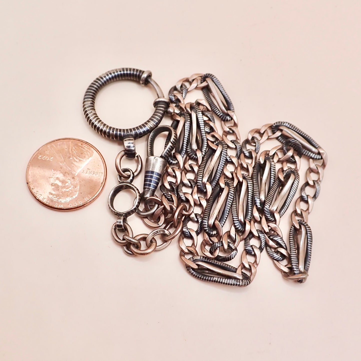 Antique Victorian Niello Silver & 9k Rose Gold Vermeil Pocket Watch Chain Necklace MB72