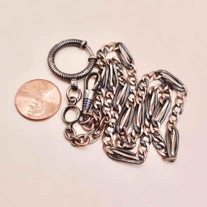 Antique Victorian Niello Silver & 9k Rose Gold Vermeil Pocket Watch Chain Necklace MB72