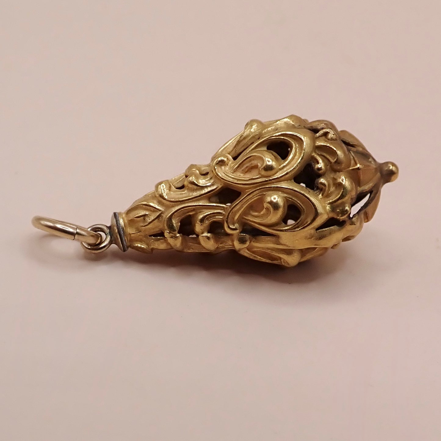 Mid-Century Solid 14K Yellow Gold Victorian Revival Filigree Lantern Cage Pendant