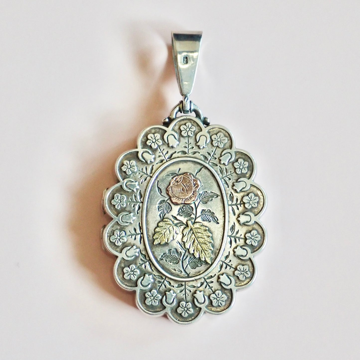 1881 Antique Victorian Birmingham Tricolor Sterling Silver Scalloped Flower Locket Pendant