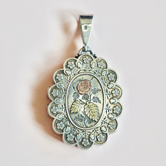 1881 Antique Victorian Birmingham Tricolor Sterling Silver Scalloped Flower Locket Pendant