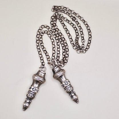 Antique Dutch 835 Silver Jasseron Chain with Ornate Needle Cap Pendants