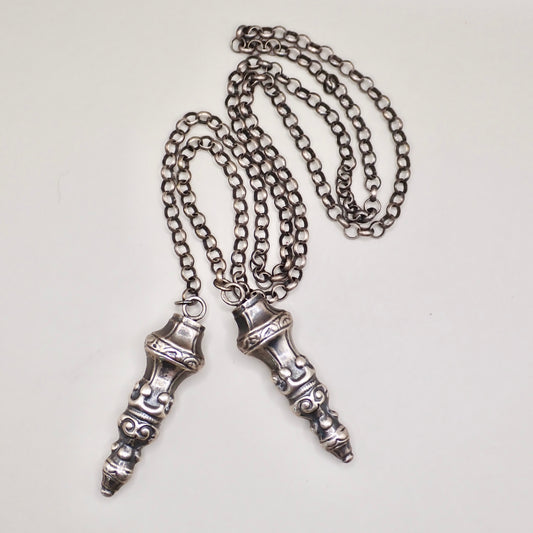 Antique Dutch 835 Silver Jasseron Chain with Ornate Needle Cap Pendants