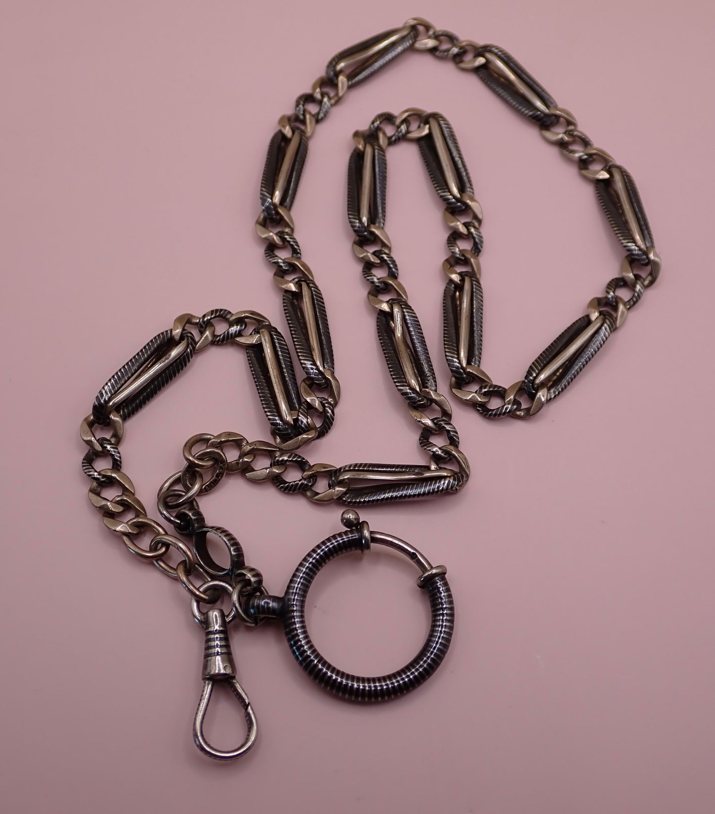 Antique Victorian 800 Silver Niello & Rose Gold Vermeil Pocket Watch Chain Necklace MB75