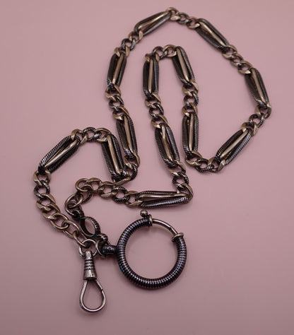 Antique Victorian 800 Silver Niello & Rose Gold Vermeil Pocket Watch Chain Necklace MB75