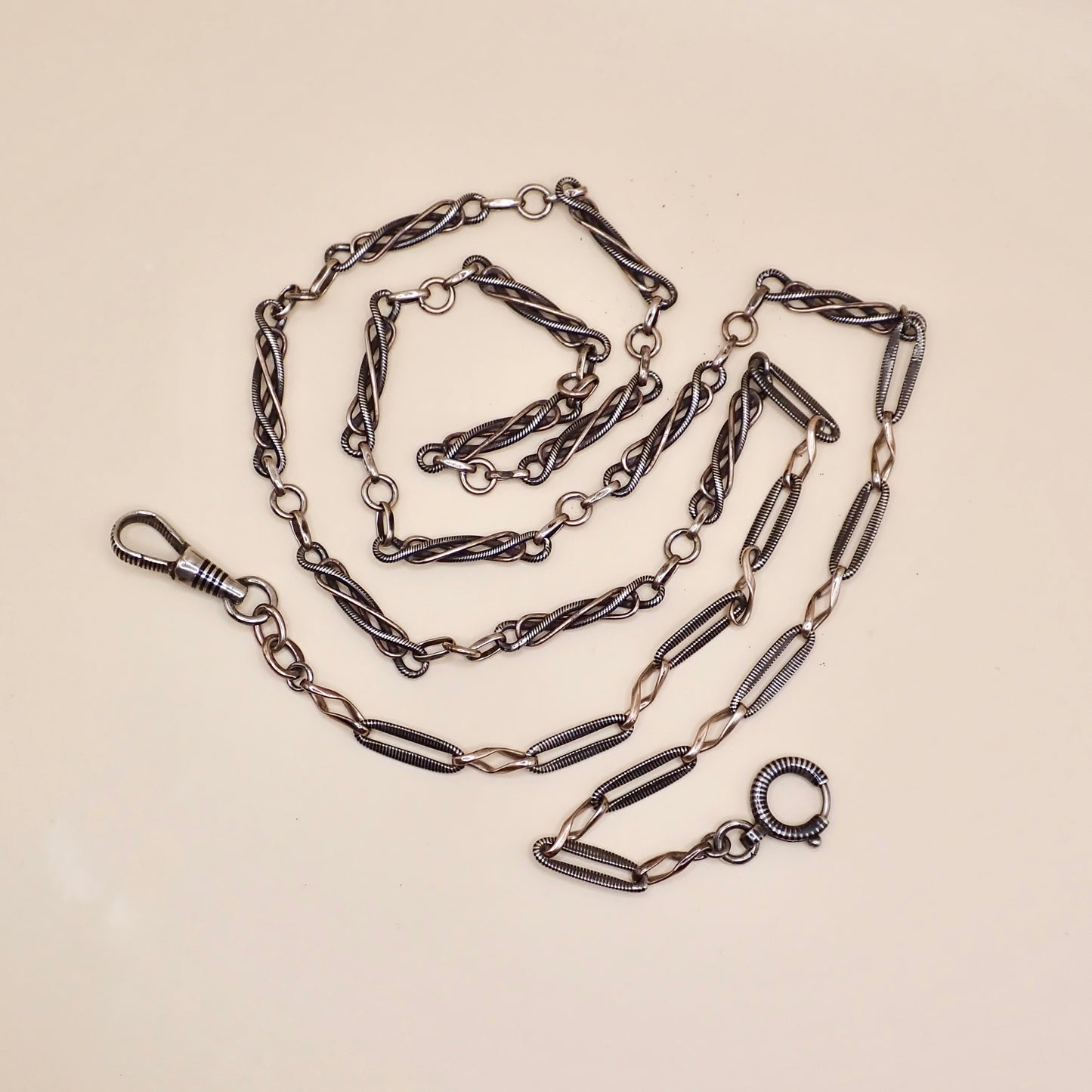 Converted Antique Victorian 800 Silver Niello & Rose Gold Vermeil Pocket Watch Chain Necklace MB74