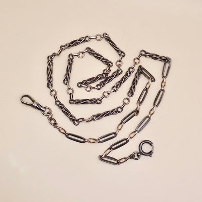 Converted Antique Victorian 800 Silver Niello & Rose Gold Vermeil Pocket Watch Chain Necklace MB74