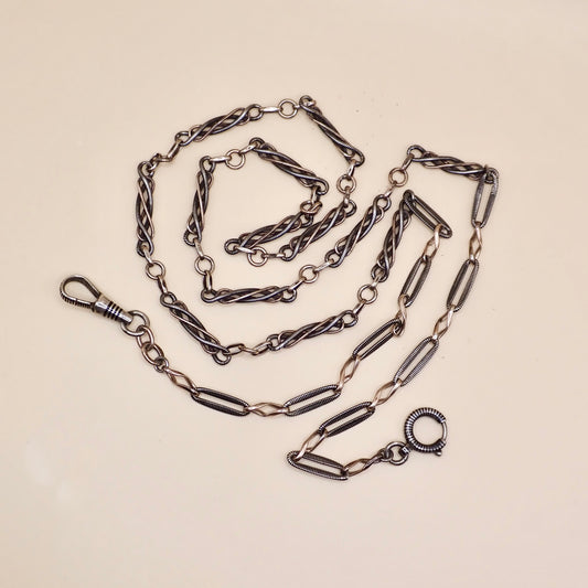 Converted Antique Victorian 800 Silver Niello & Rose Gold Vermeil Pocket Watch Chain Necklace MB74