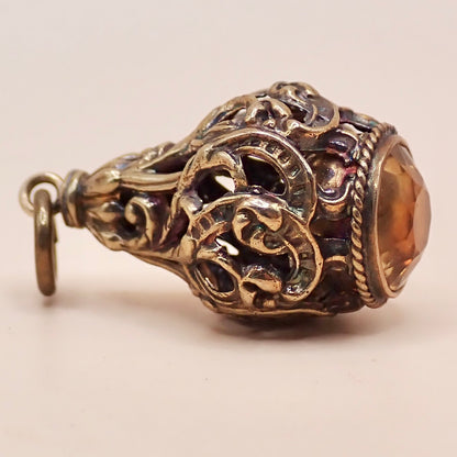 Rare Victorian 14K Gold "Lantern" Filigree Cage Charm with Honey Citrine