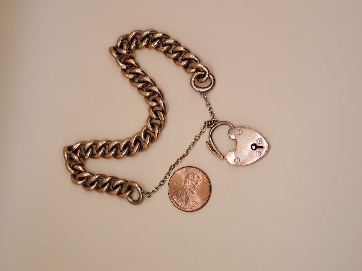 Antique Edwardian 1906 Fully Hallmarked 9k Rose Gold Heart Padlock Curb Bracelet 37.7grams