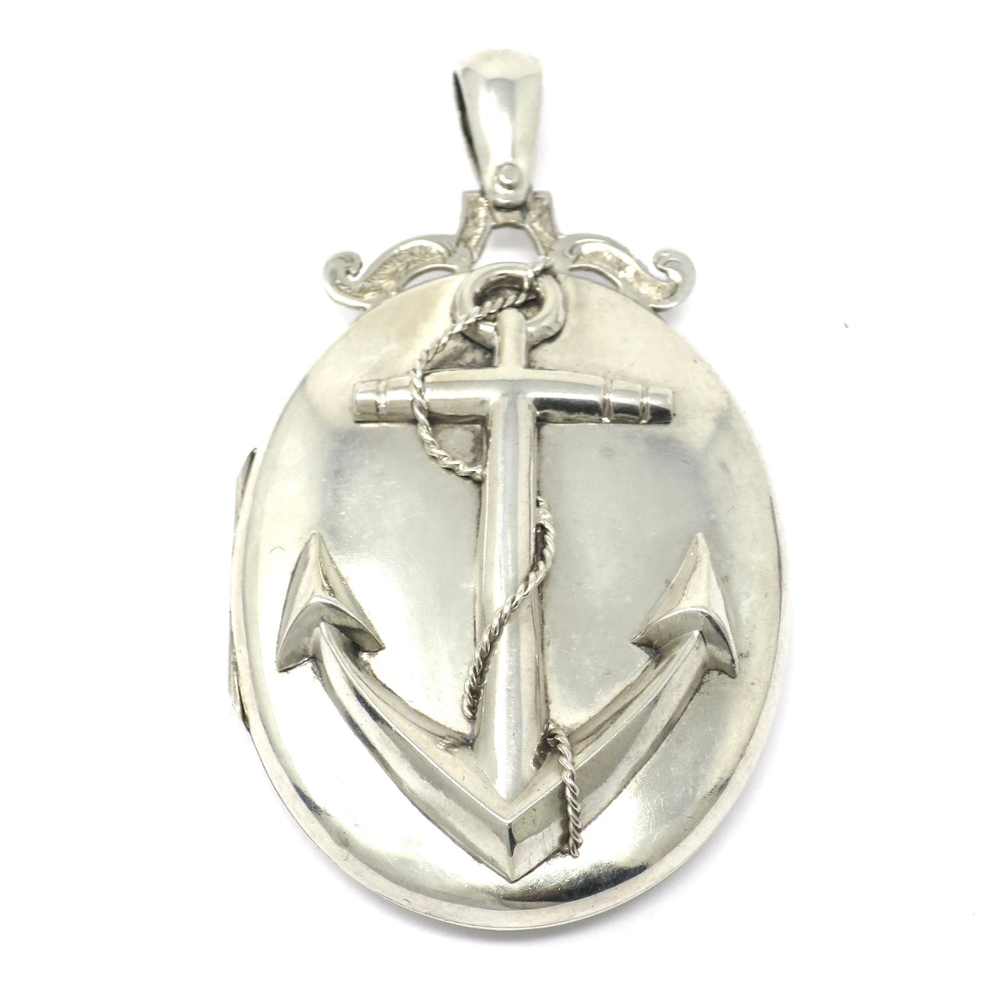 Antique Victorian Sterling Silver Anchor Oval Locket Pendant