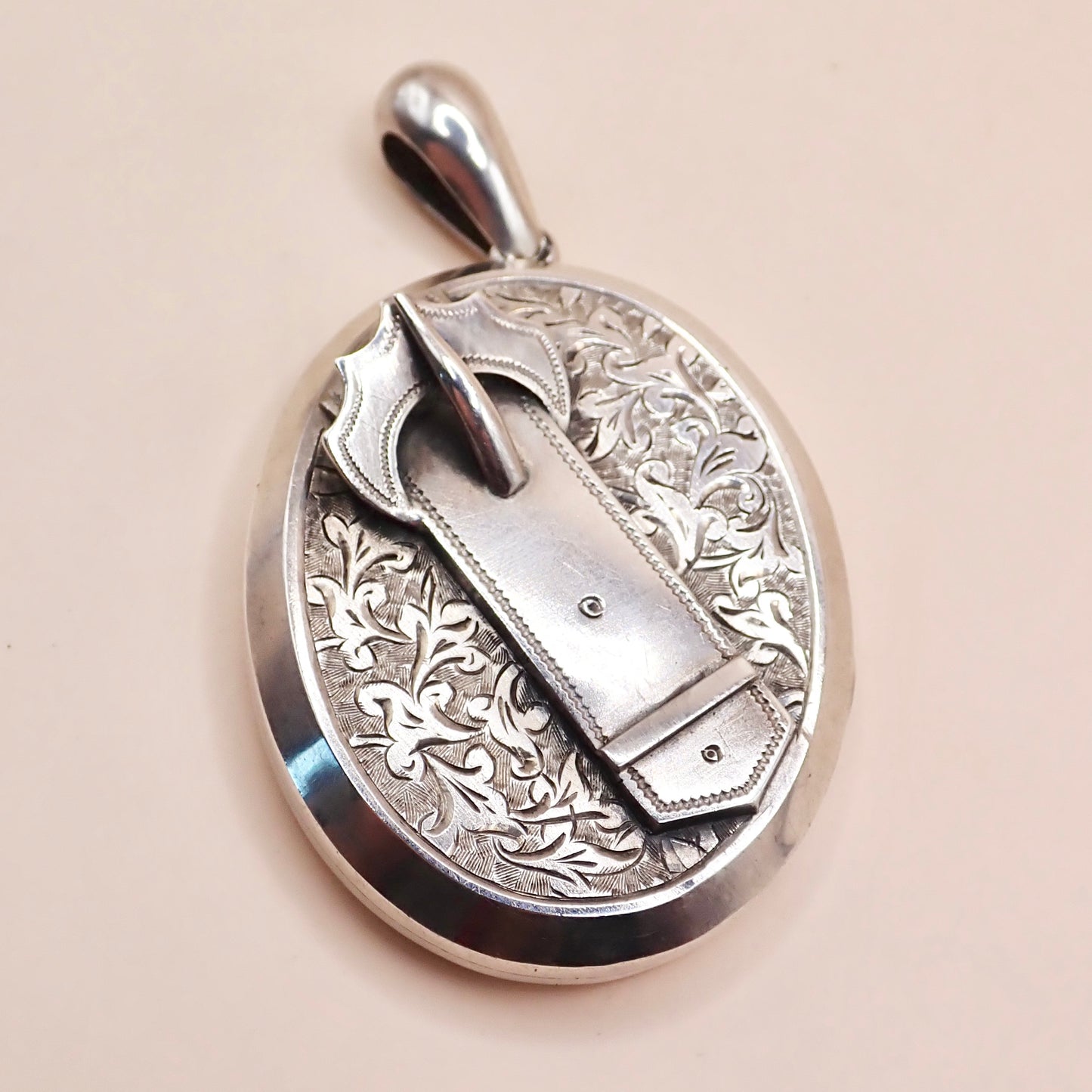 Antique 1879 Sterling Silver Victorian "Belt Buckle& Snowdrop" Locket Pendant