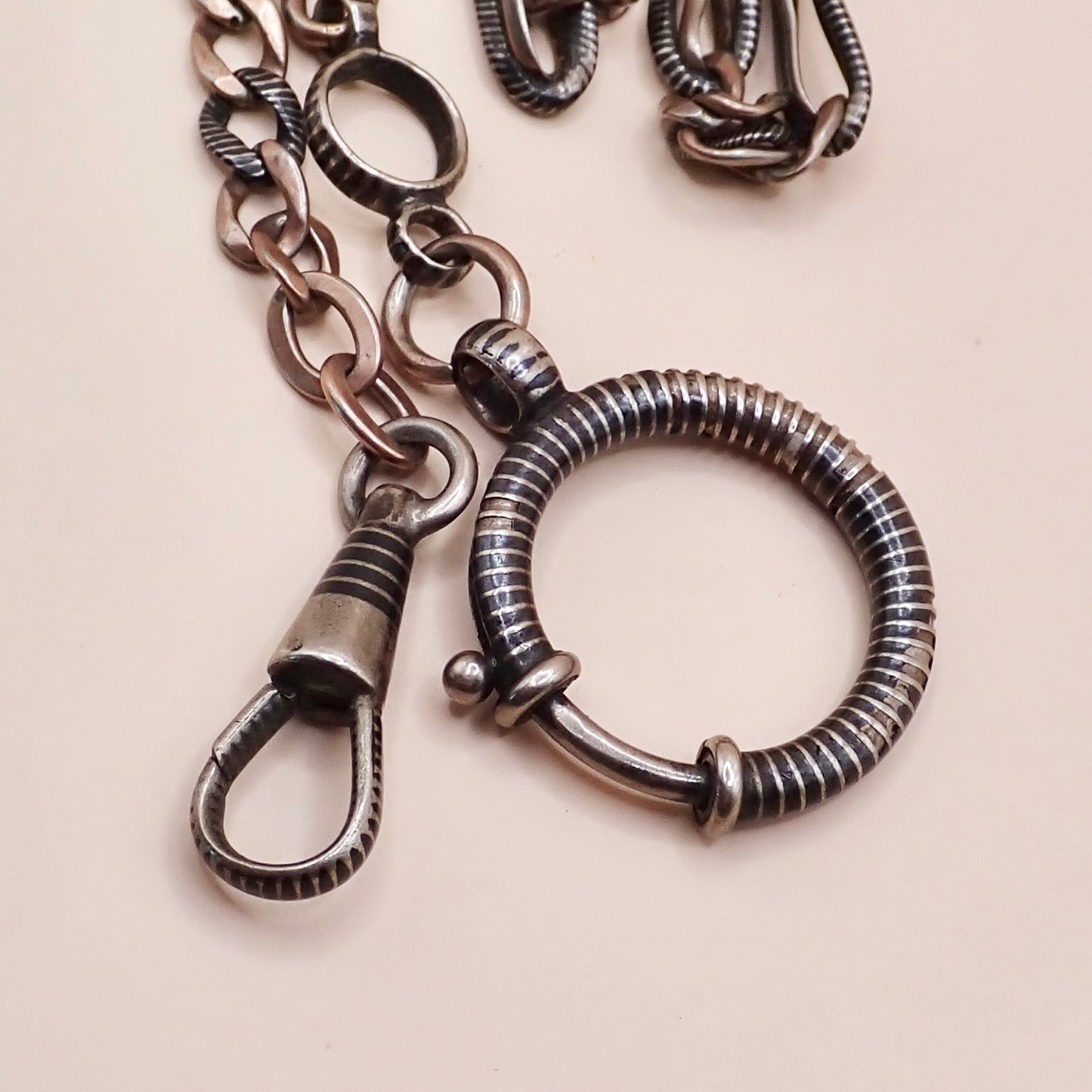 Antique Victorian Niello Silver & 9k Rose Gold Vermeil Pocket Watch Chain Necklace MB72