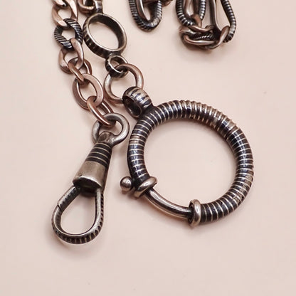 Antique Victorian Niello Silver & 9k Rose Gold Vermeil Pocket Watch Chain Necklace MB72