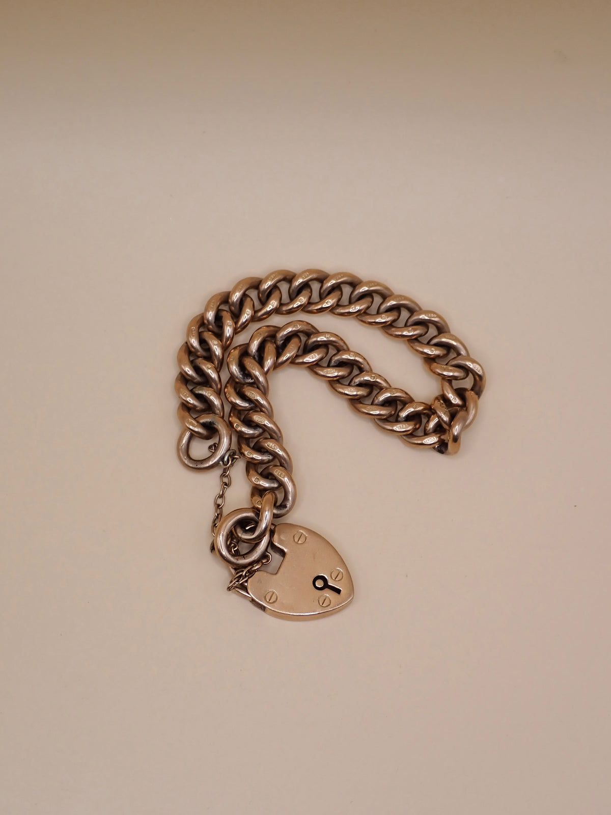 Antique Edwardian 1906 Fully Hallmarked 9k Rose Gold Heart Padlock Curb Bracelet 37.7grams