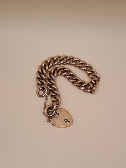 Antique Edwardian 1906 Fully Hallmarked 9k Rose Gold Heart Padlock Curb Bracelet 37.7grams