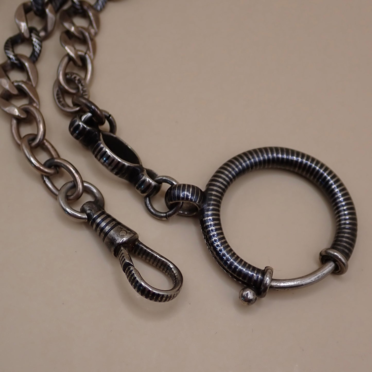 Antique Victorian 800 Silver Niello & Rose Gold Vermeil Pocket Watch Chain Necklace MB75