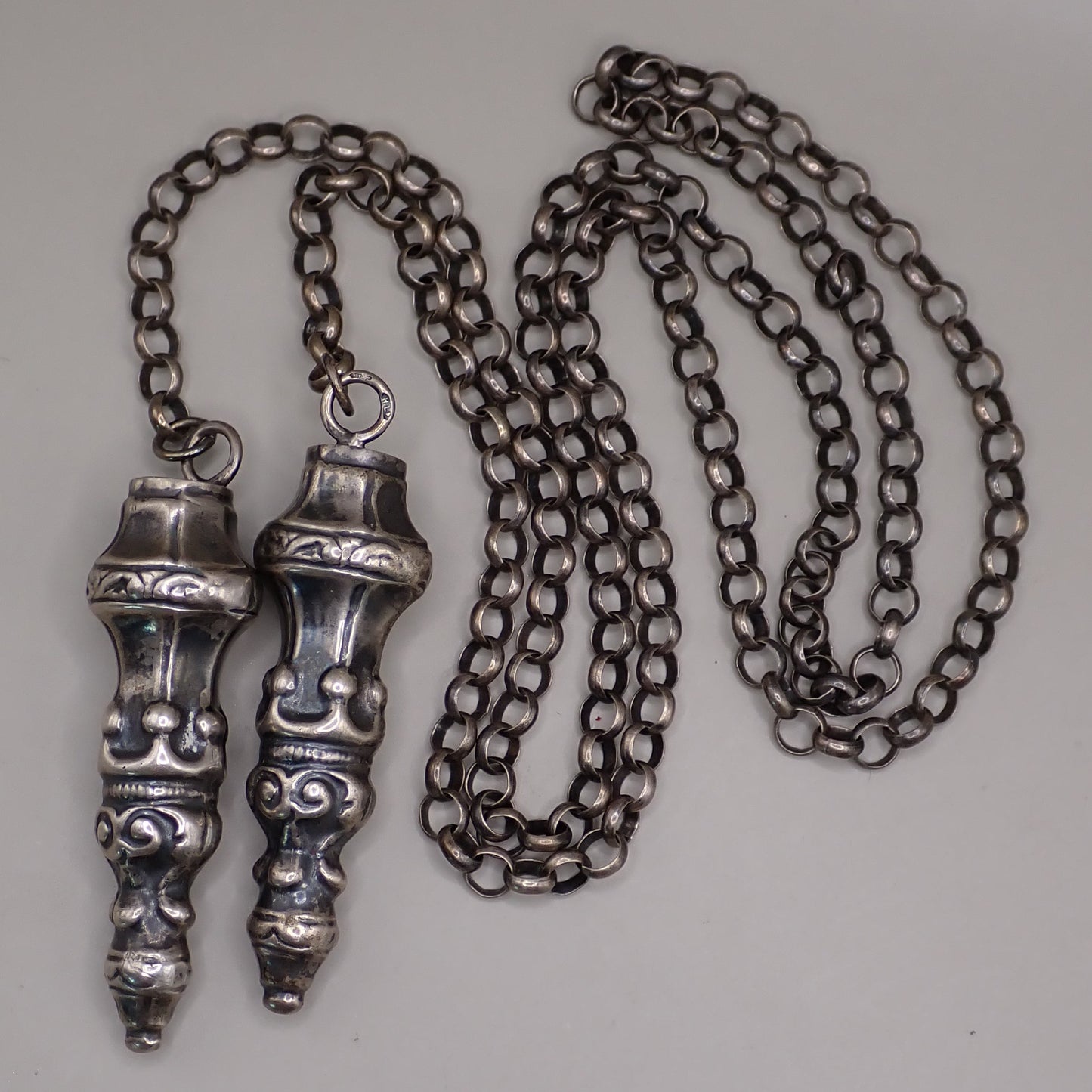 Antique Dutch 835 Silver Jasseron Chain with Ornate Needle Cap Pendants