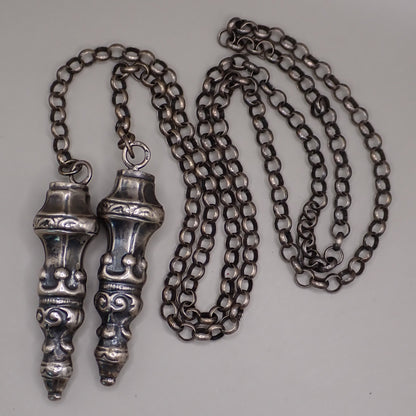 Antique Dutch 835 Silver Jasseron Chain with Ornate Needle Cap Pendants