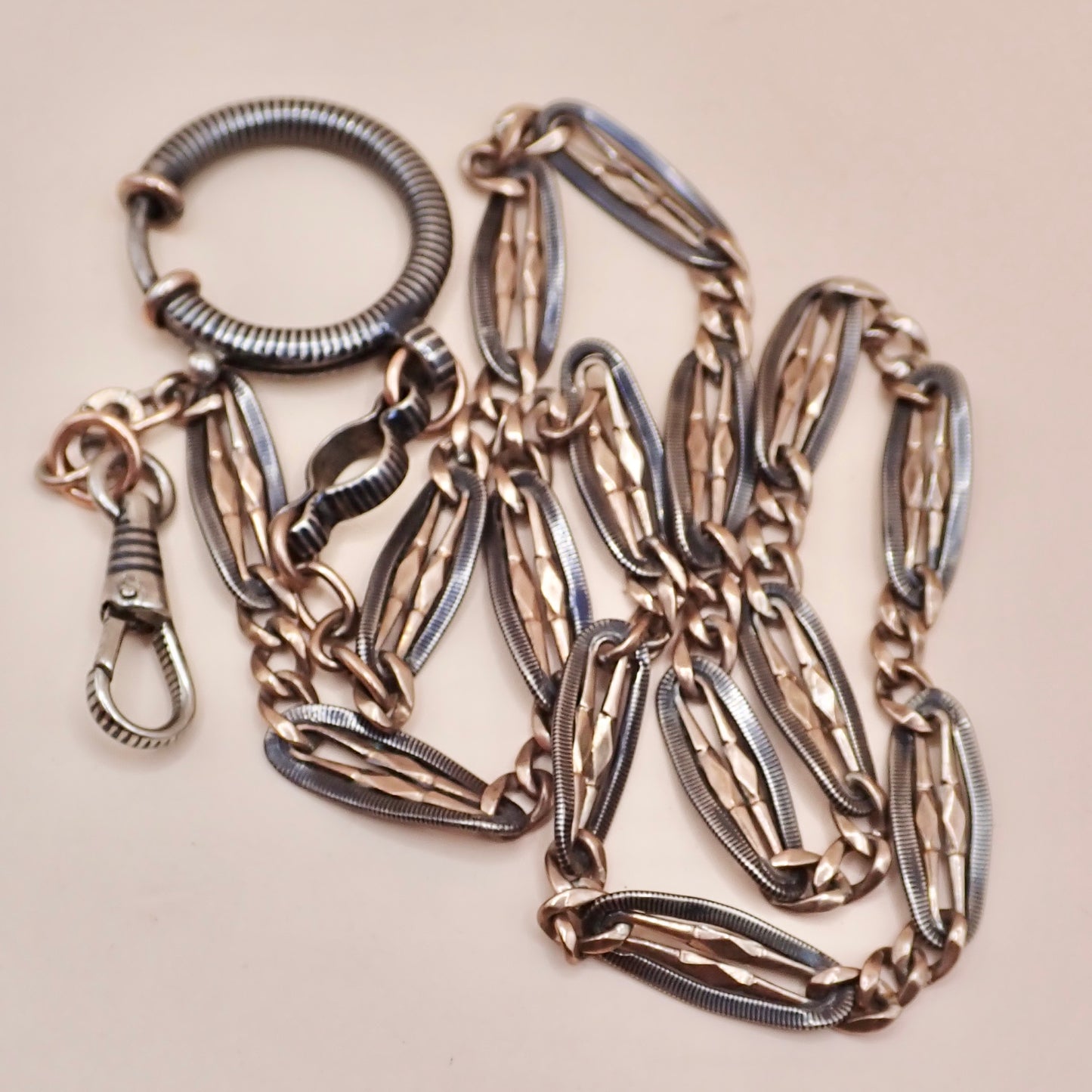 Antique Victorian .800 Silver & 9K Rose Gold Vermeil Niello Trombone Link Necklace MB66