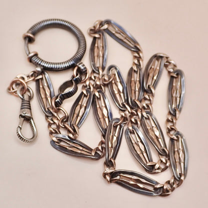 Antique Victorian .800 Silver & 9K Rose Gold Vermeil Niello Trombone Link Necklace MB66