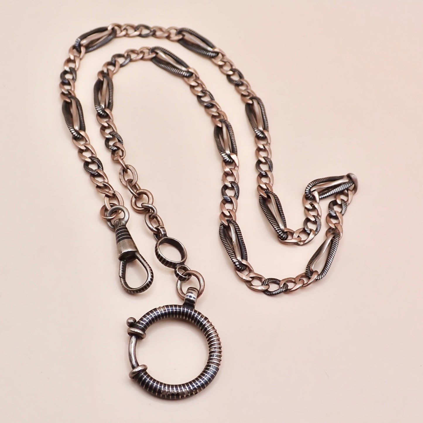 Antique Victorian Niello Silver & 9k Rose Gold Vermeil Pocket Watch Chain Necklace MB72